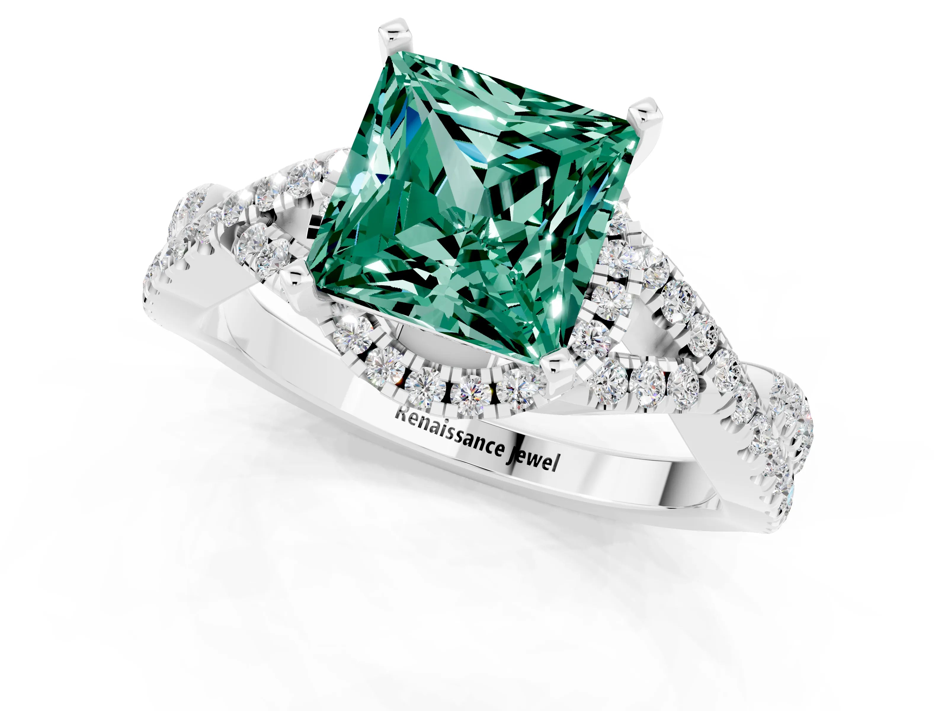 White gold Princess Cut Green Sapphire Halo Twist Band Solitaire Prong Setting Ring_1