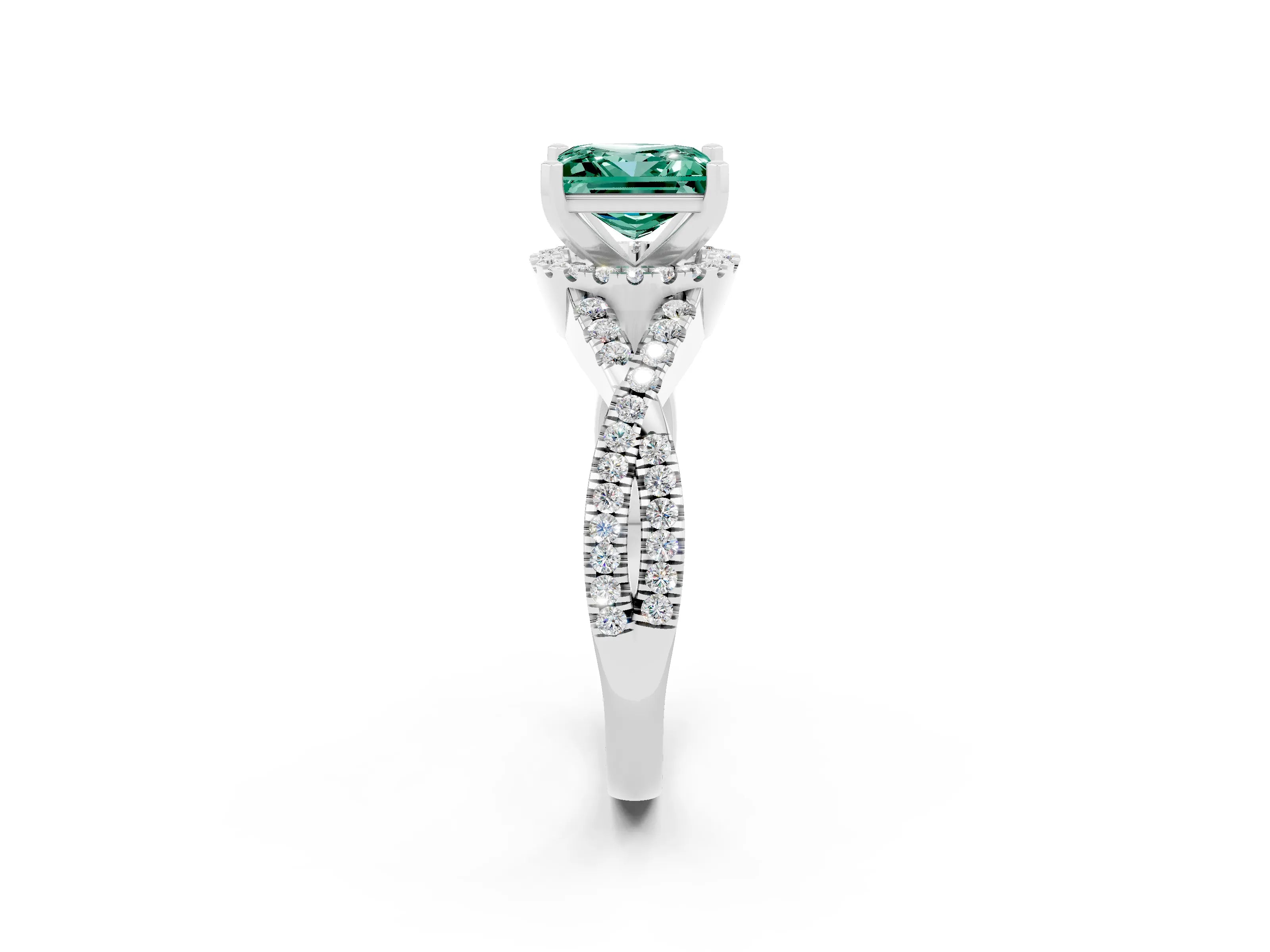 White gold Princess Cut Green Sapphire Halo Twist Band Solitaire Prong Setting Ring_2