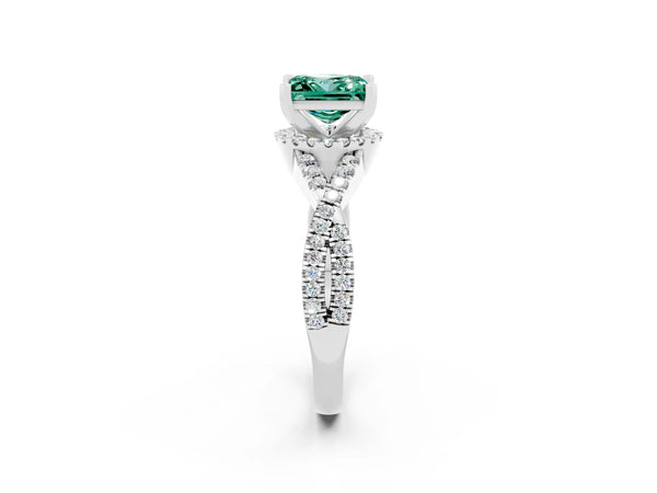 Silver Princess Cut Green Sapphire  Halo Twist Band Solitaire Prong Setting Ring