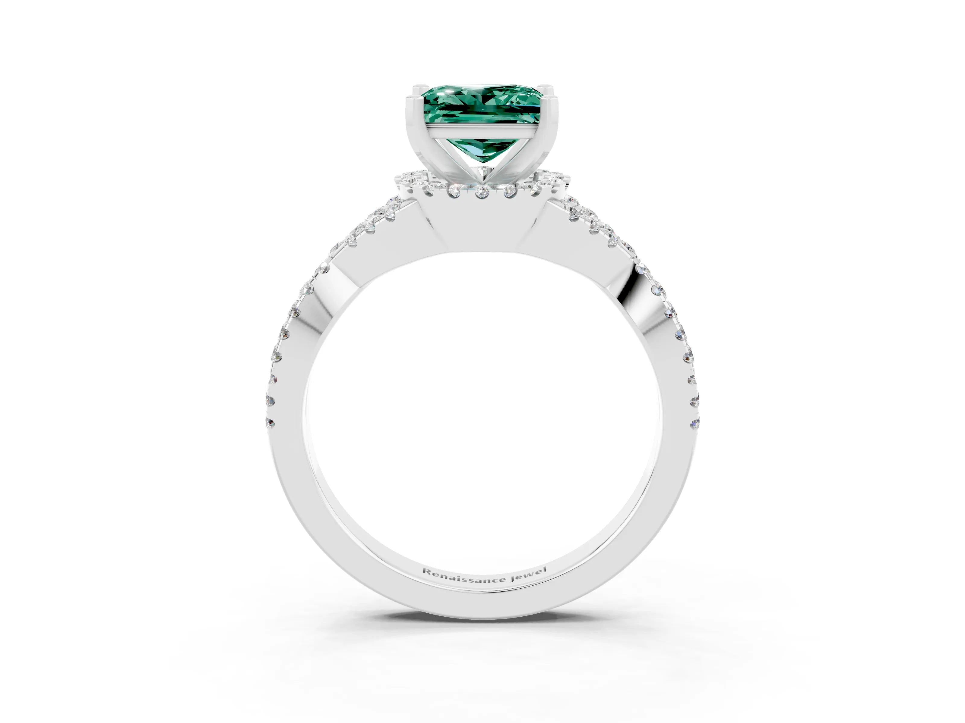 White gold Princess Cut Green Sapphire Halo Twist Band Solitaire Prong Setting Ring_3