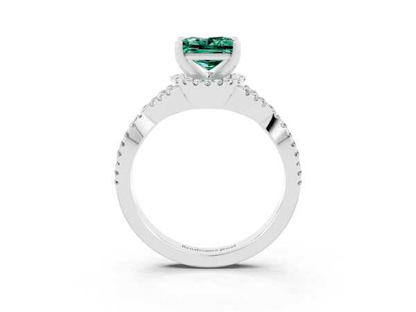 White gold Princess Cut Green Sapphire  Halo Twist Band Solitaire Prong Setting Ring