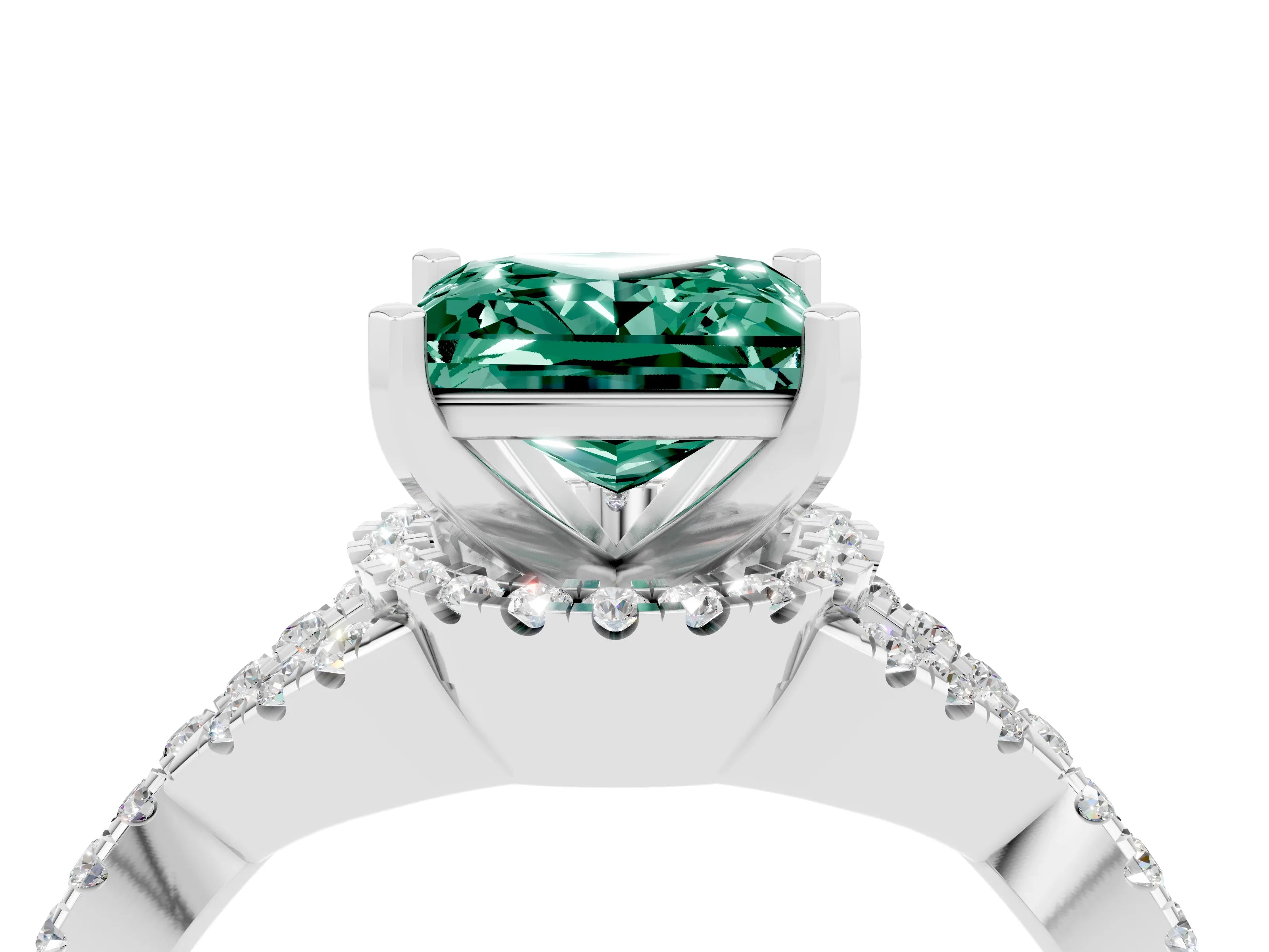 White gold Princess Cut Green Sapphire Halo Twist Band Solitaire Prong Setting Ring_4