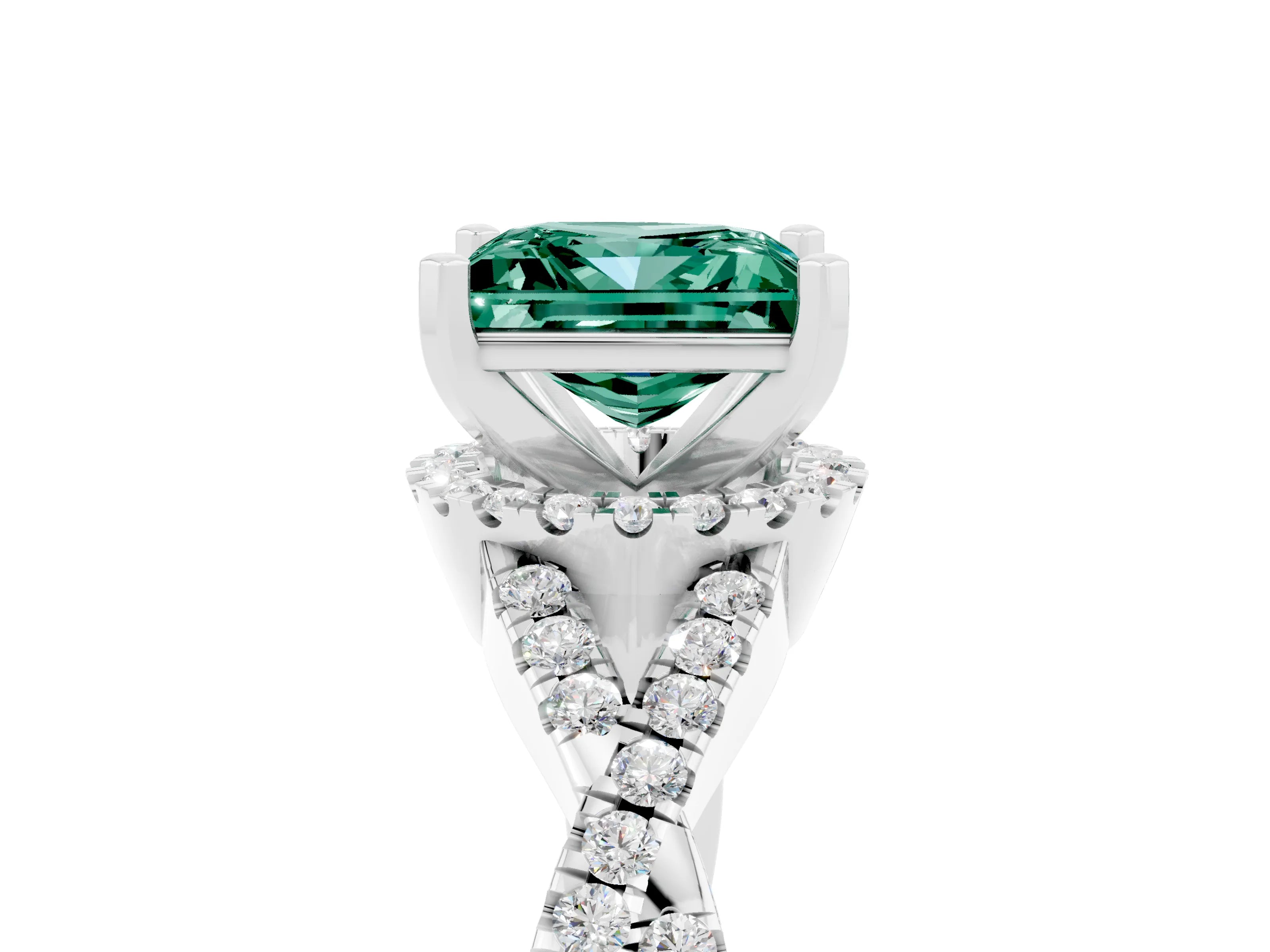 White gold Princess Cut Green Sapphire Halo Twist Band Solitaire Prong Setting Ring_5