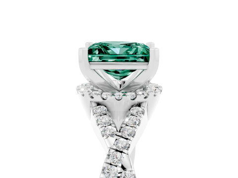 White gold Princess Cut Green Sapphire Halo Twist Band Solitaire Prong Setting Ring_5