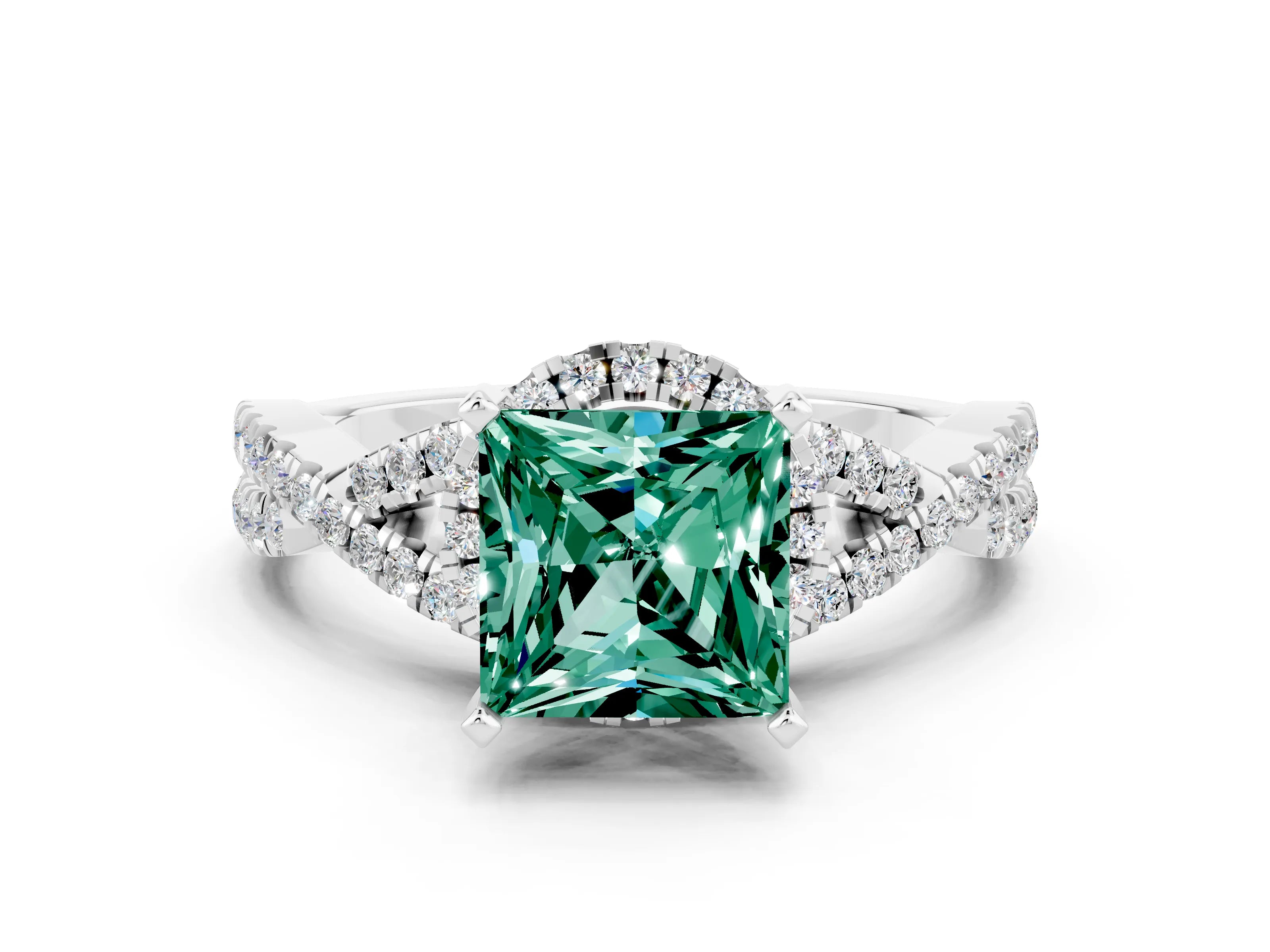 White gold Princess Cut Green Sapphire Halo Twist Band Solitaire Prong Setting Ring