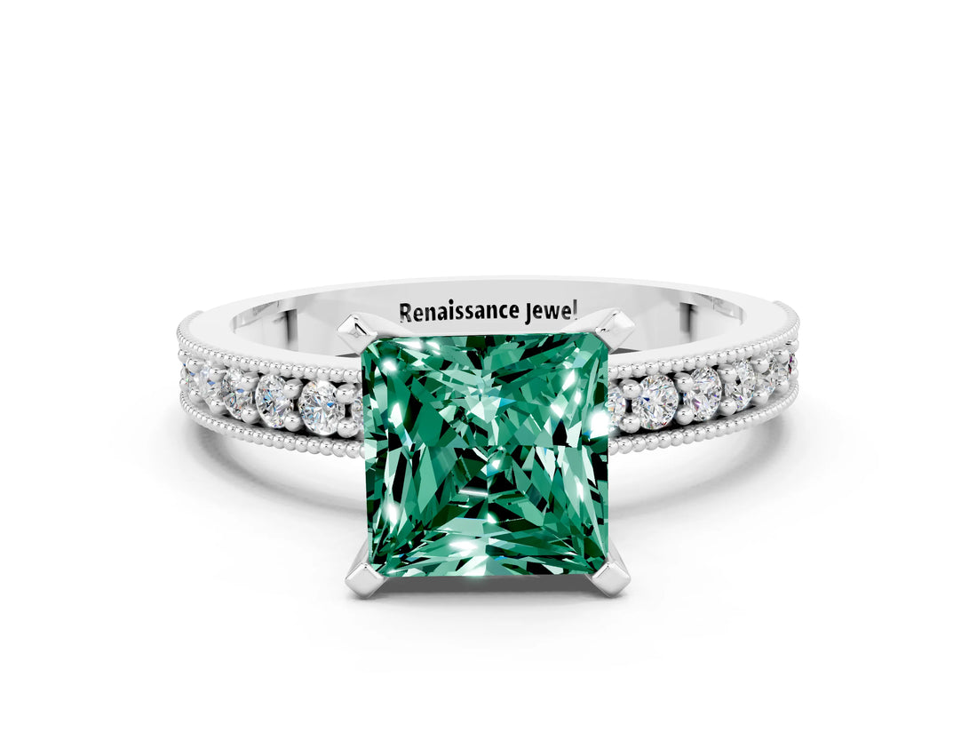 White gold Princess Cut Green Sapphire Milgrain Pavé Engagement Ring with Four-Prong Setting_12