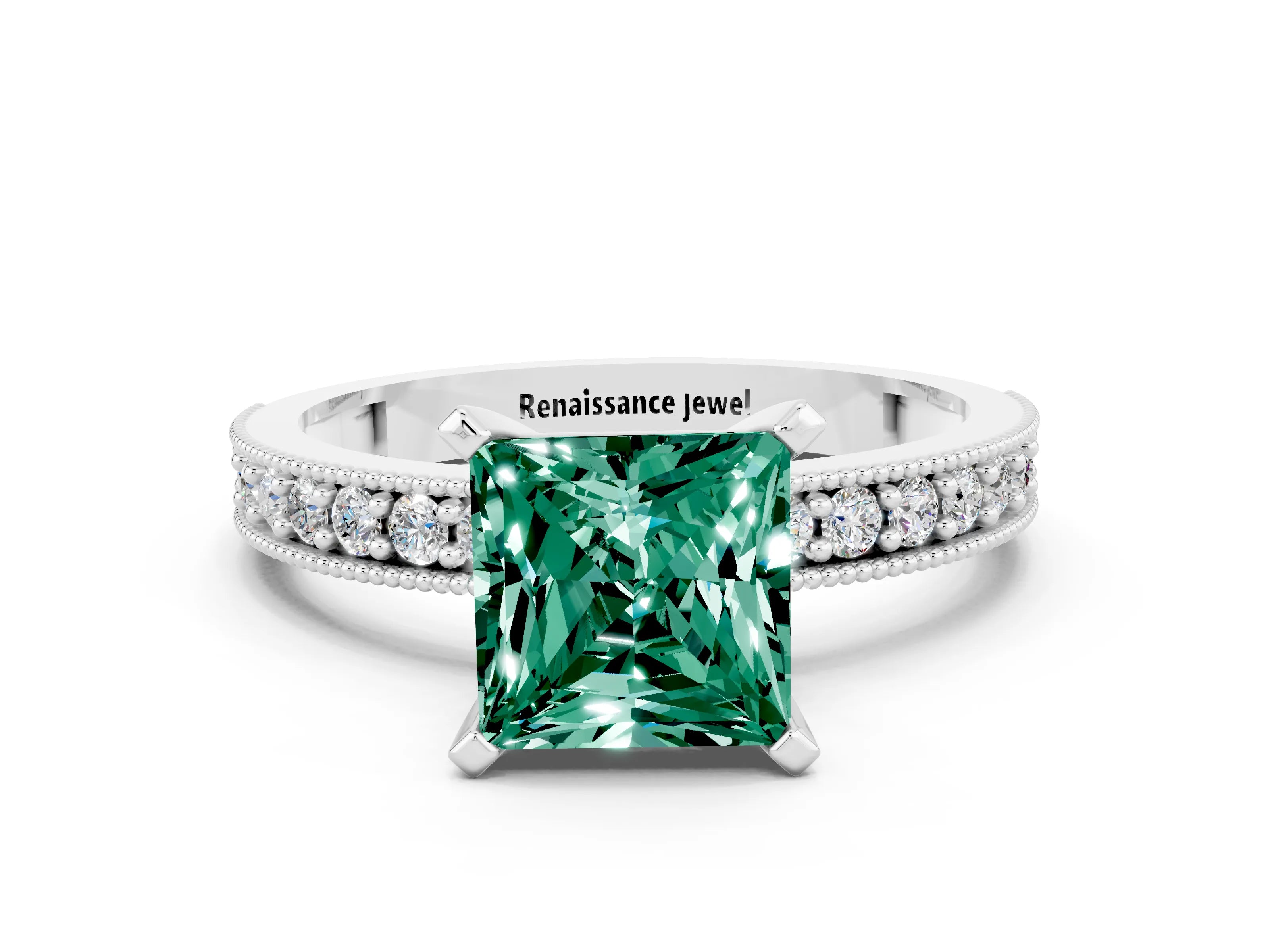 White gold Princess Cut Green Sapphire Milgrain Pavé Engagement Ring with Four-Prong Setting_12