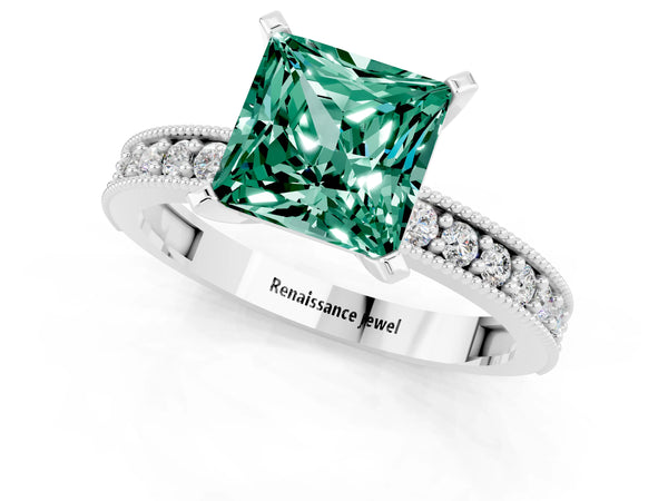 White gold Princess Cut Green Sapphire Milgrain Pavé Engagement Ring with Four-Prong Setting