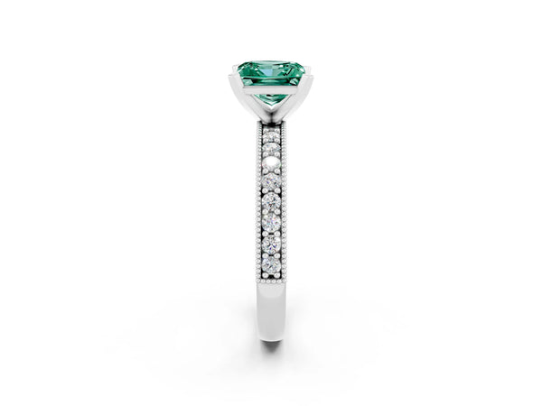Platinum Princess Cut Green Sapphire Milgrain Pavé Engagement Ring with Four-Prong Setting