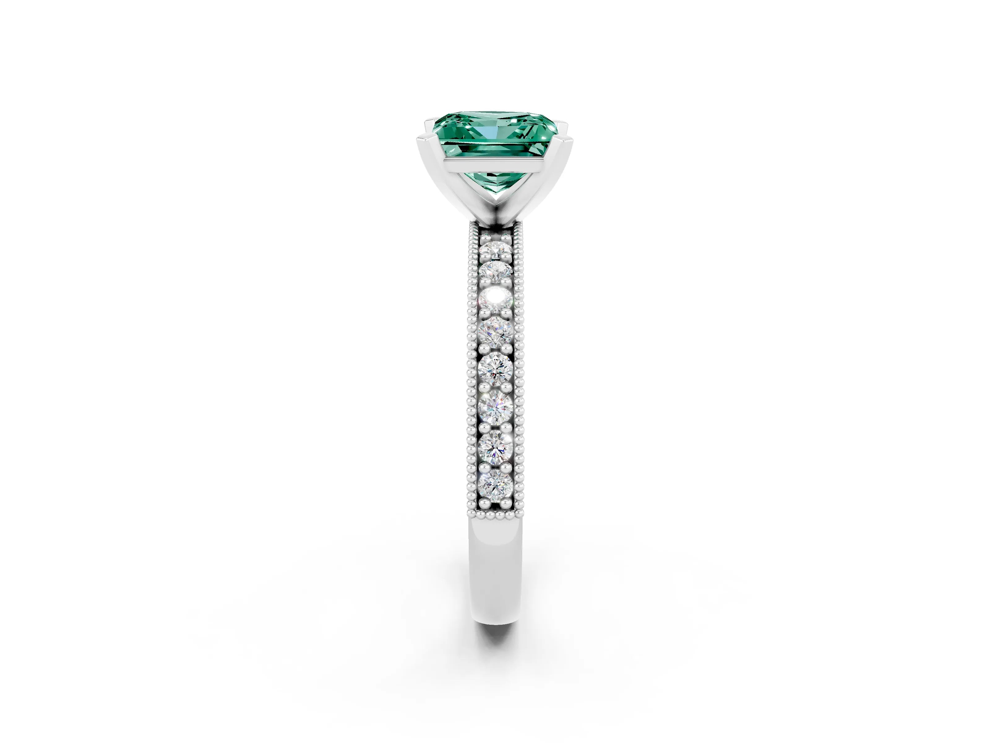 White gold Princess Cut Green Sapphire Milgrain Pavé Engagement Ring with Four-Prong Setting_14