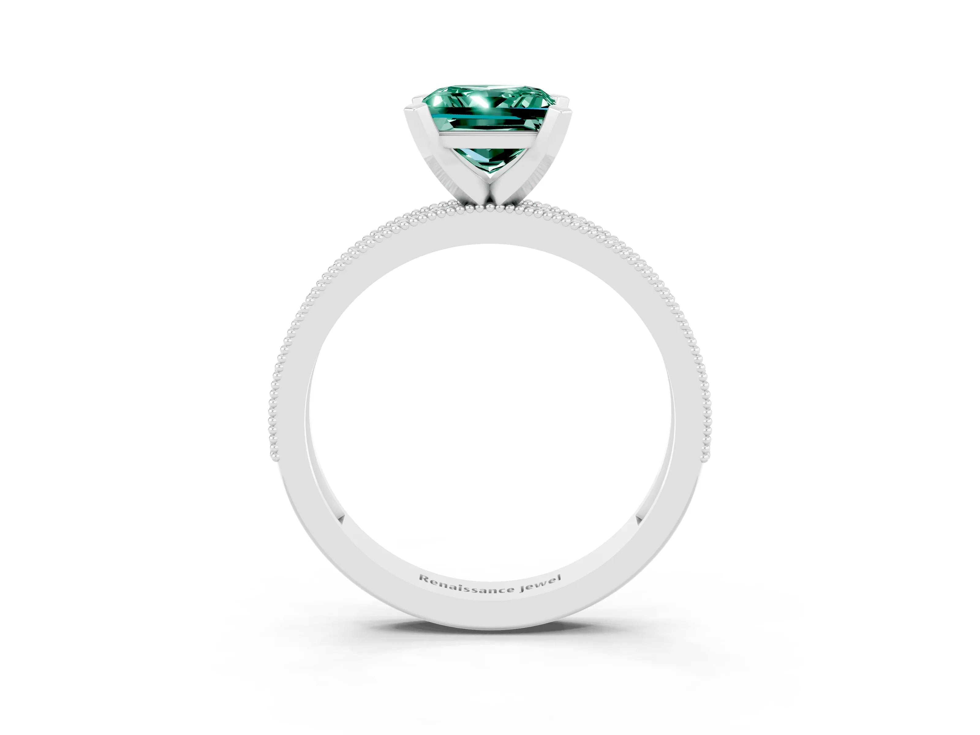 White gold Princess Cut Green Sapphire Milgrain Pavé Engagement Ring with Four-Prong Setting_15