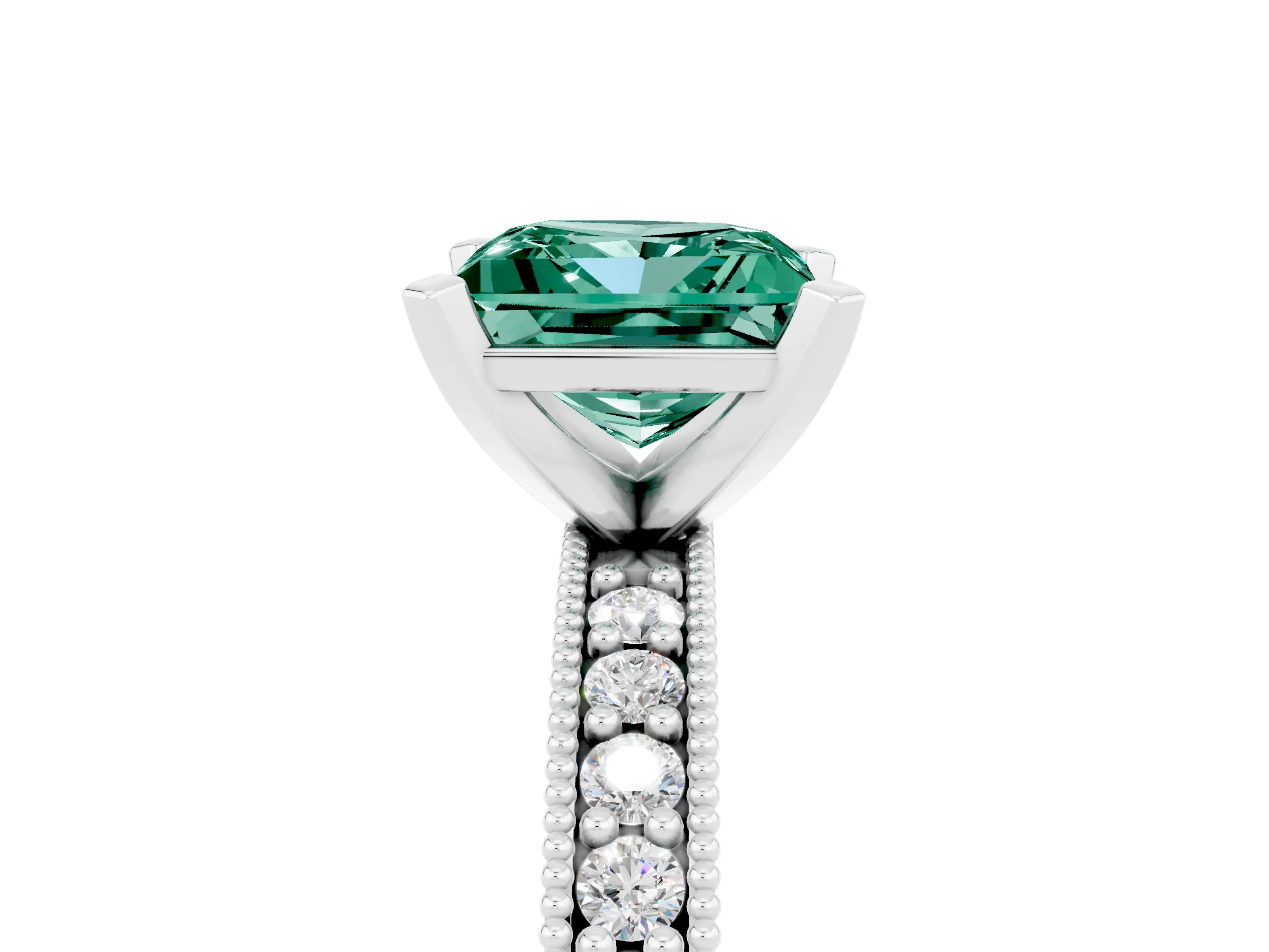 White gold Princess Cut Green Sapphire Milgrain Pavé Engagement Ring with Four-Prong Setting_17