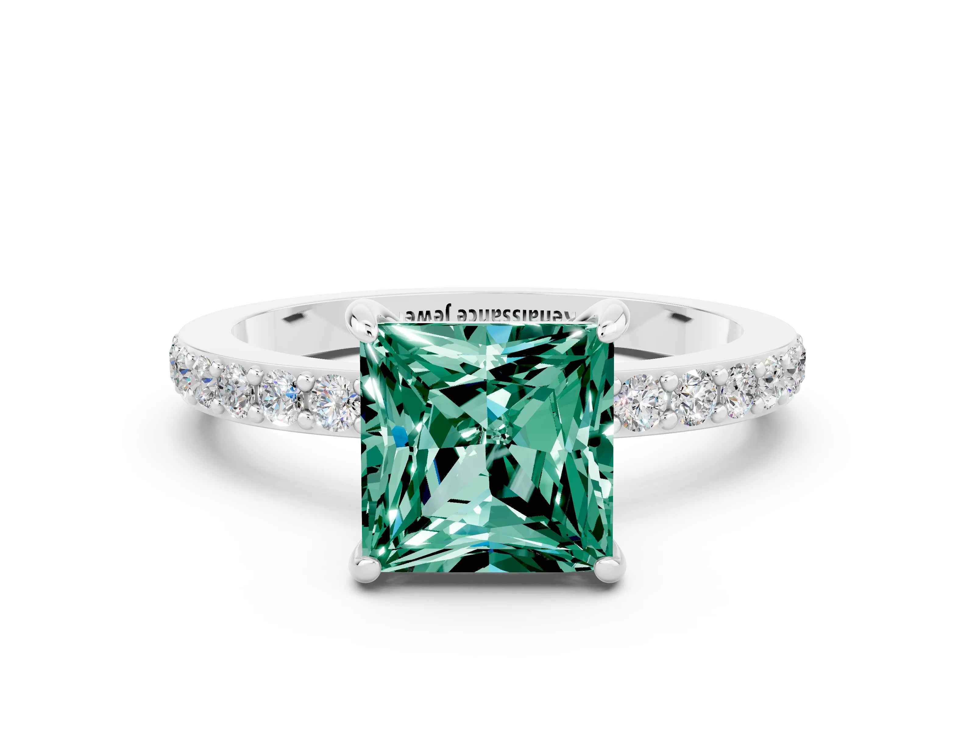 White gold Princess Cut Green Sapphire Pavé Engagement Ring with Round  Accents and Prong Setting_24