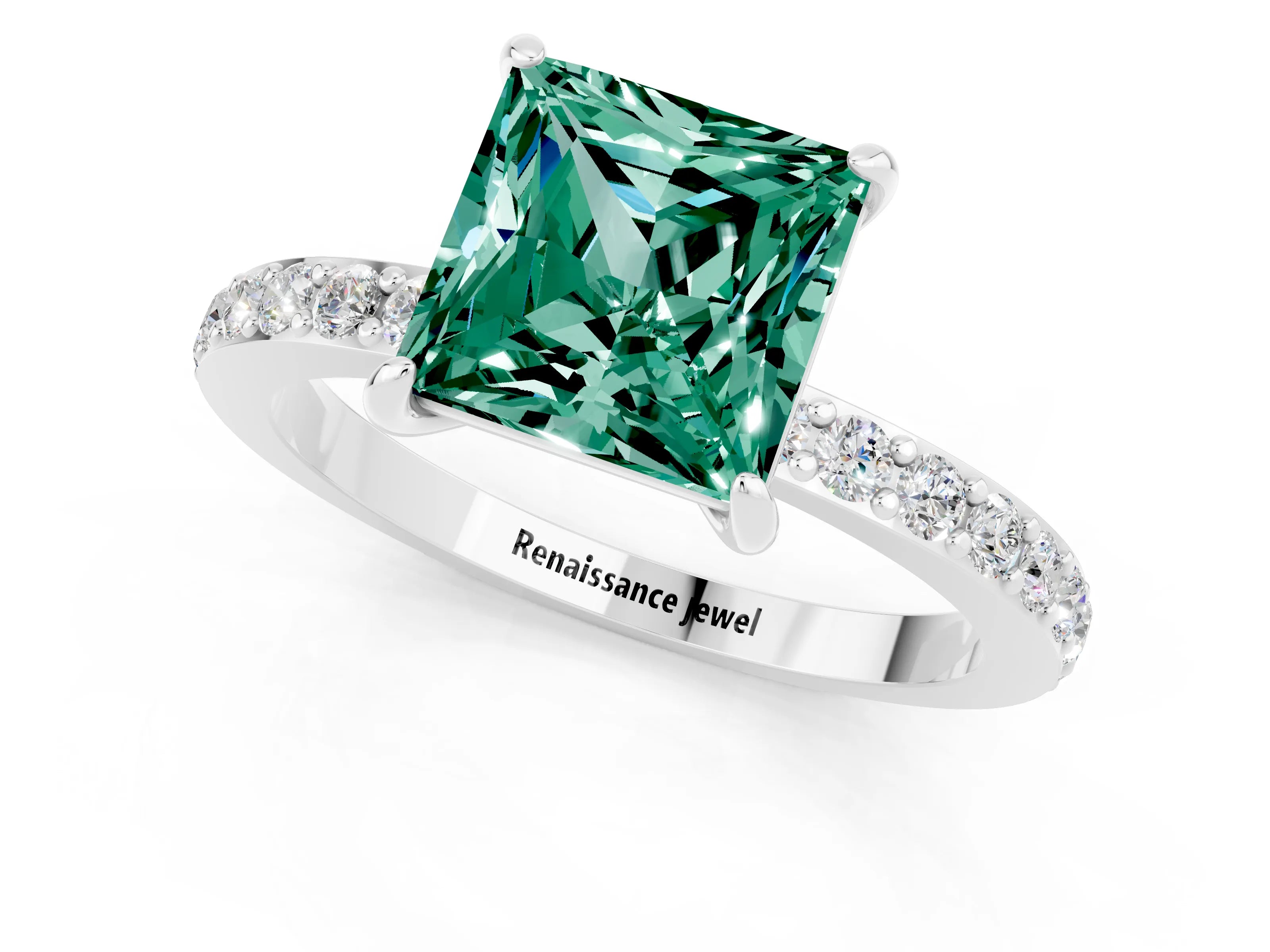 White gold Princess Cut Green Sapphire Pavé Engagement Ring with Round  Accents and Prong Setting_25