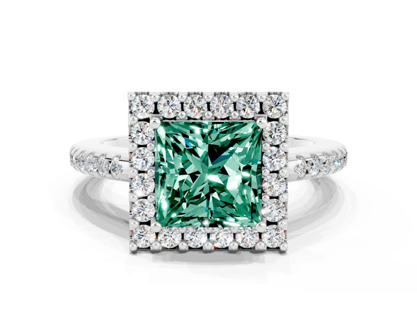 Platinum Princess Cut Green Sapphire Pavé Halo Ring with Four-Prong Setting
