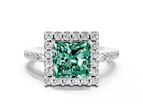 White gold Princess Cut Green Sapphire Pavé Halo Ring with Four-Prong Setting_12