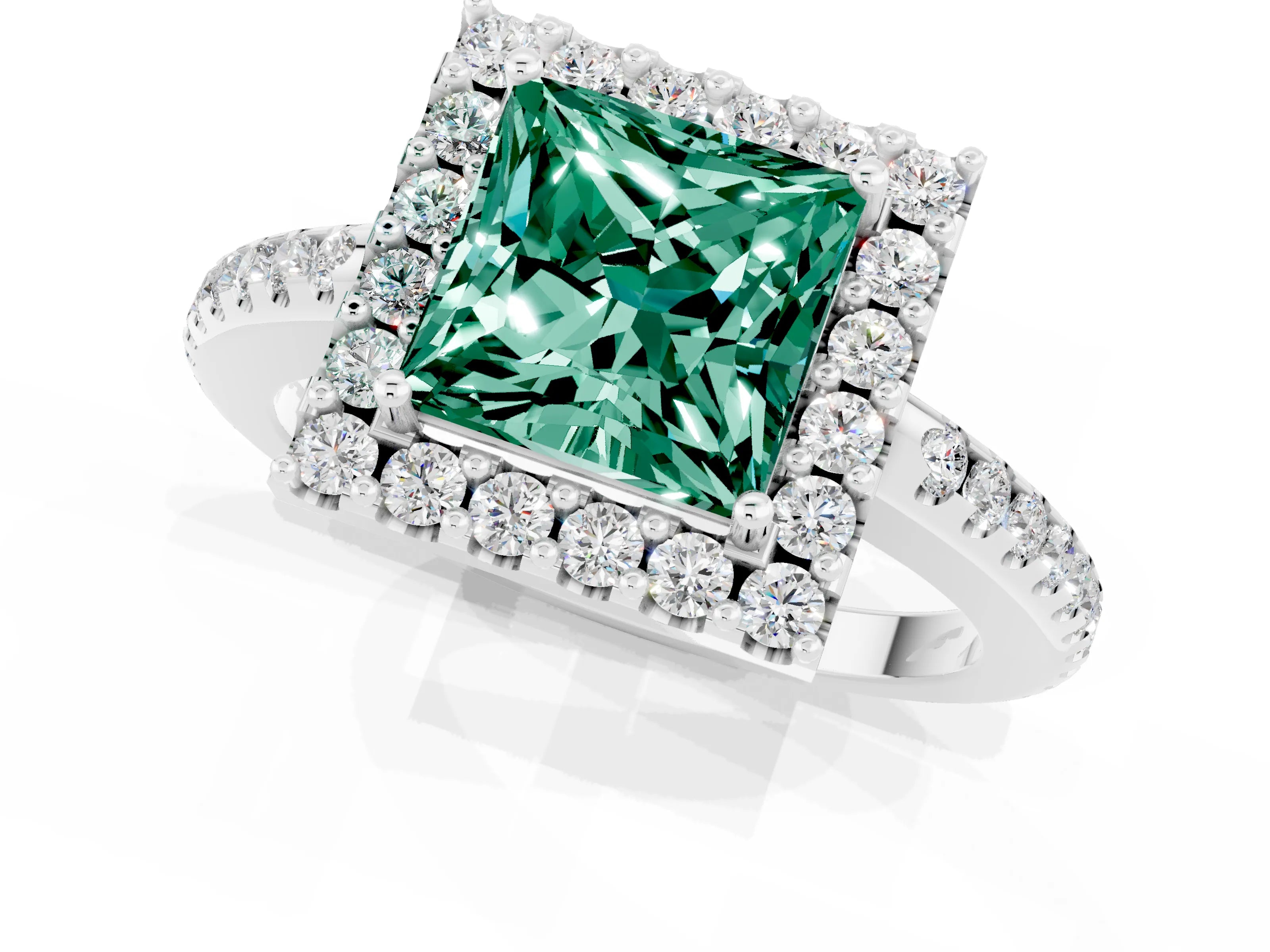 White gold Princess Cut Green Sapphire Pavé Halo Ring with Four-Prong Setting_13