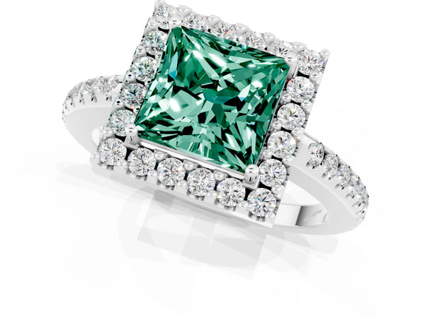 White gold Princess Cut Green Sapphire Pavé Halo Ring with Four-Prong Setting