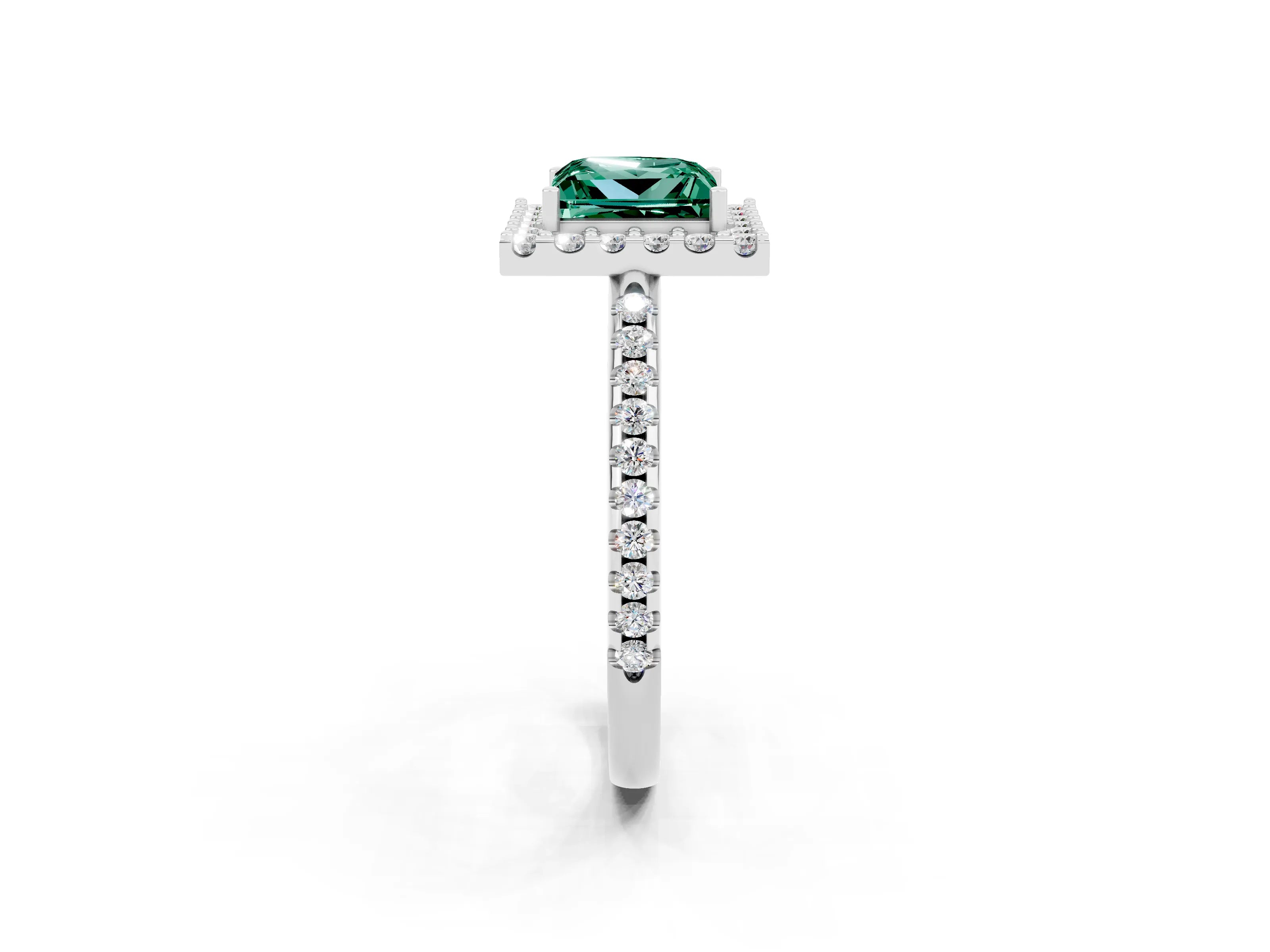 White gold Princess Cut Green Sapphire Pavé Halo Ring with Four-Prong Setting_14