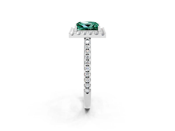 Platinum Princess Cut Green Sapphire Pavé Halo Ring with Four-Prong Setting