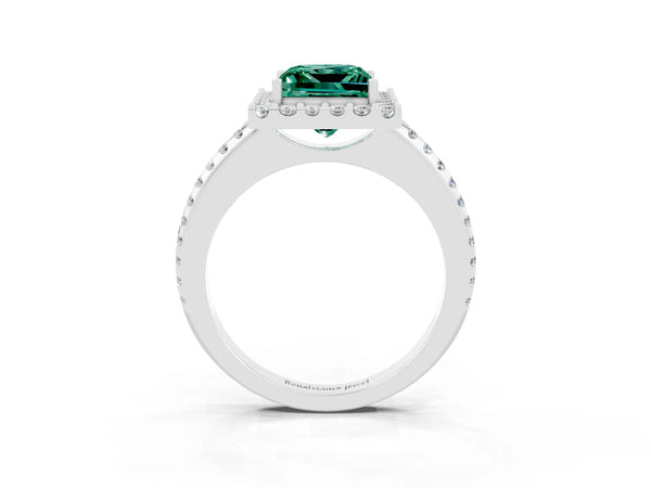 White gold Princess Cut Green Sapphire Pavé Halo Ring with Four-Prong Setting