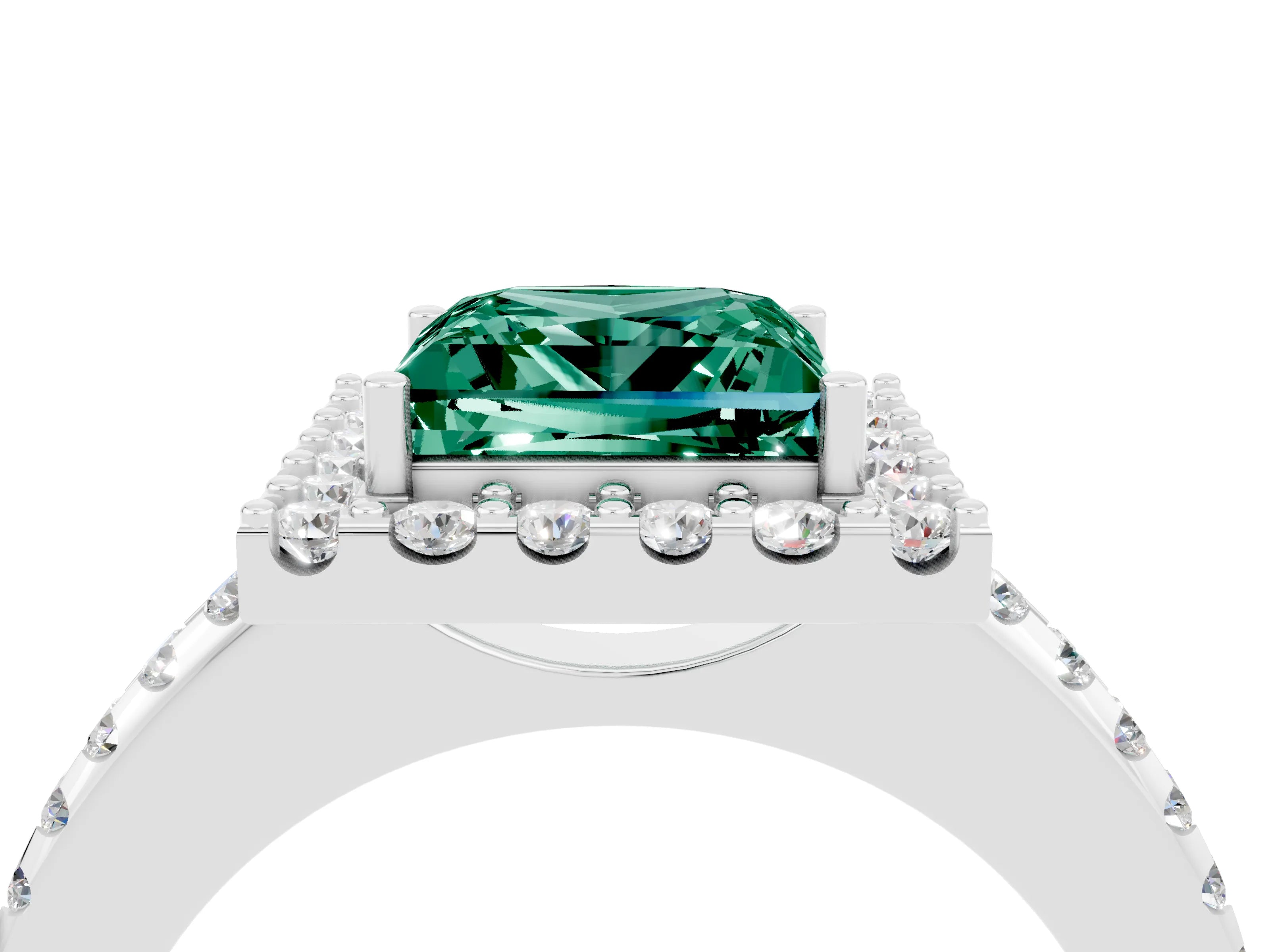 White gold Princess Cut Green Sapphire Pavé Halo Ring with Four-Prong Setting_16