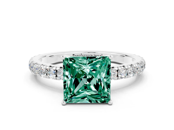 White gold Princess Cut Green Sapphire Pavé Solitaire Engagement Ring with Four-Prong Setting
