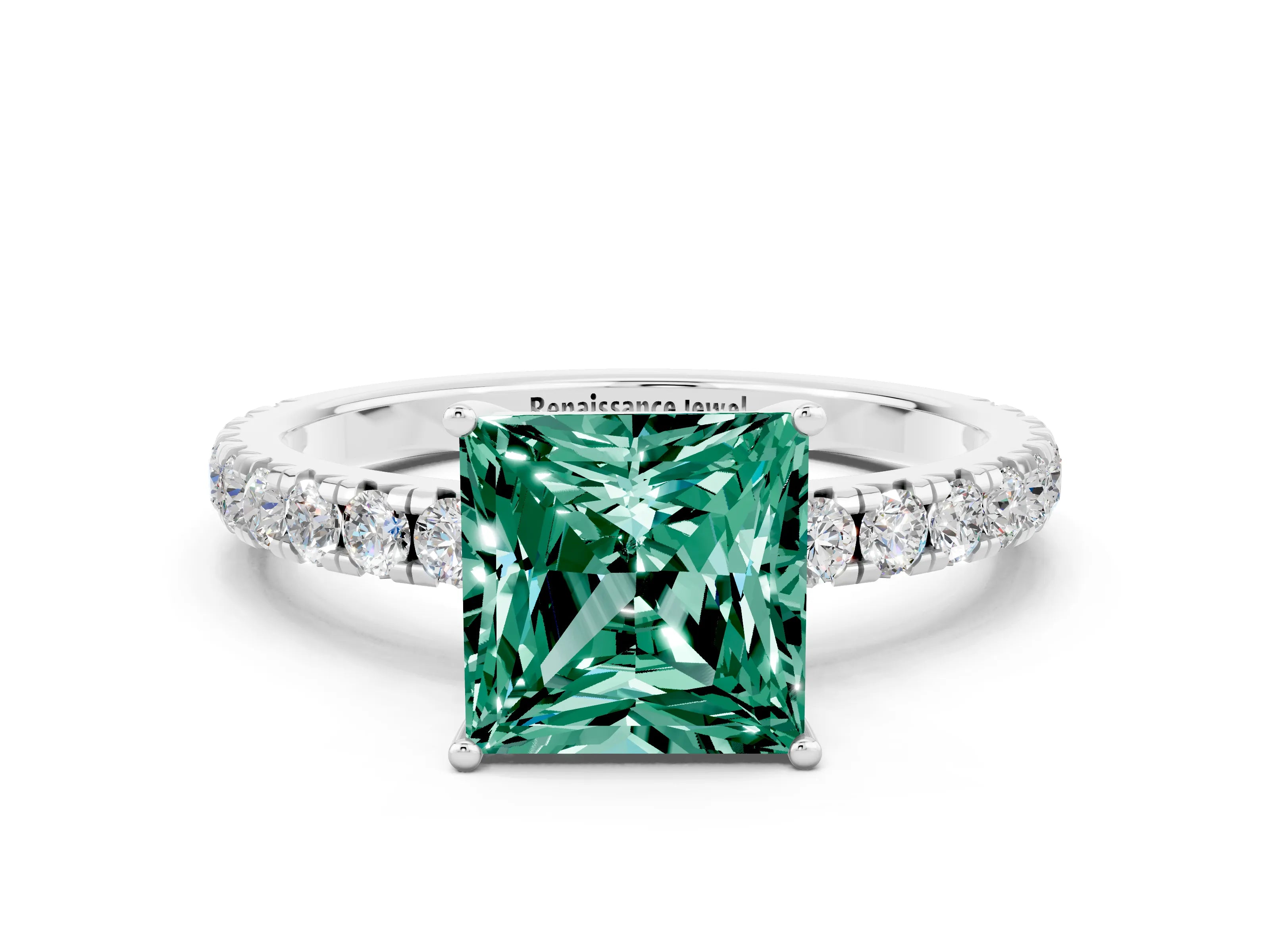 White gold Princess Cut Green Sapphire Pavé Solitaire Engagement Ring with Four-Prong Setting_12