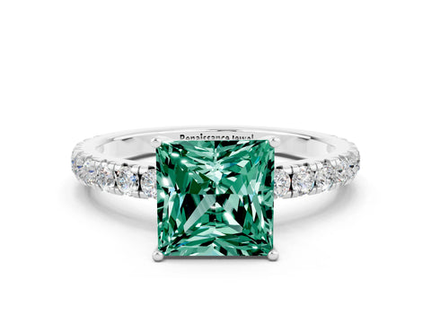 White gold Princess Cut Green Sapphire Pavé Solitaire Engagement Ring with Four-Prong Setting_12