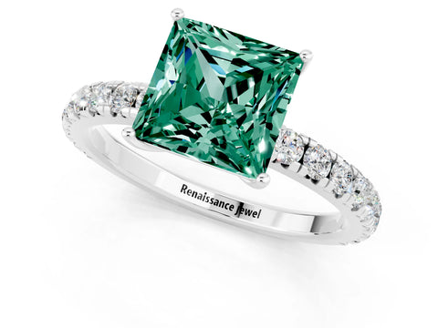 White gold Princess Cut Green Sapphire Pavé Solitaire Engagement Ring with Four-Prong Setting_13