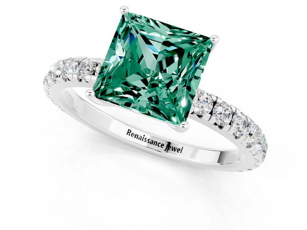 Silver Princess Cut Green Sapphire Pavé Solitaire Engagement Ring with Four-Prong Setting