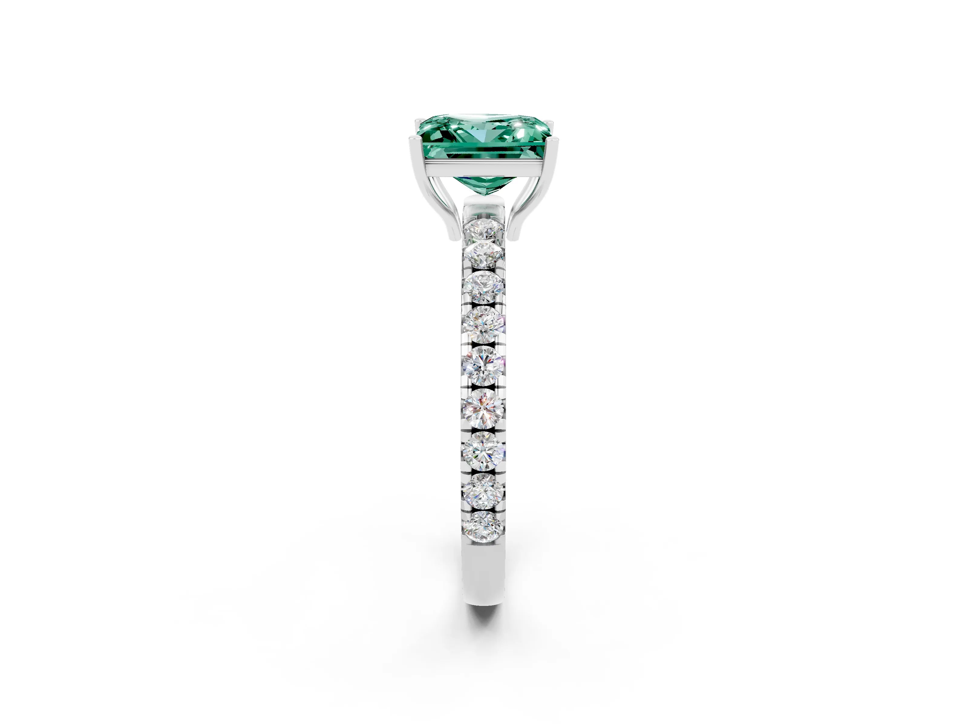 White gold Princess Cut Green Sapphire Pavé Solitaire Engagement Ring with Four-Prong Setting_14