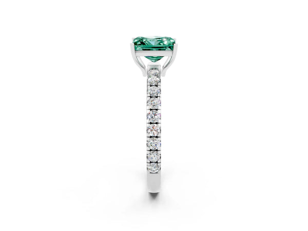 Platinum Princess Cut Green Sapphire Pavé Solitaire Engagement Ring with Four-Prong Setting