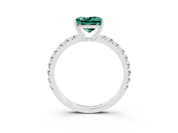 Platinum Princess Cut Green Sapphire Pavé Solitaire Engagement Ring with Four-Prong Setting