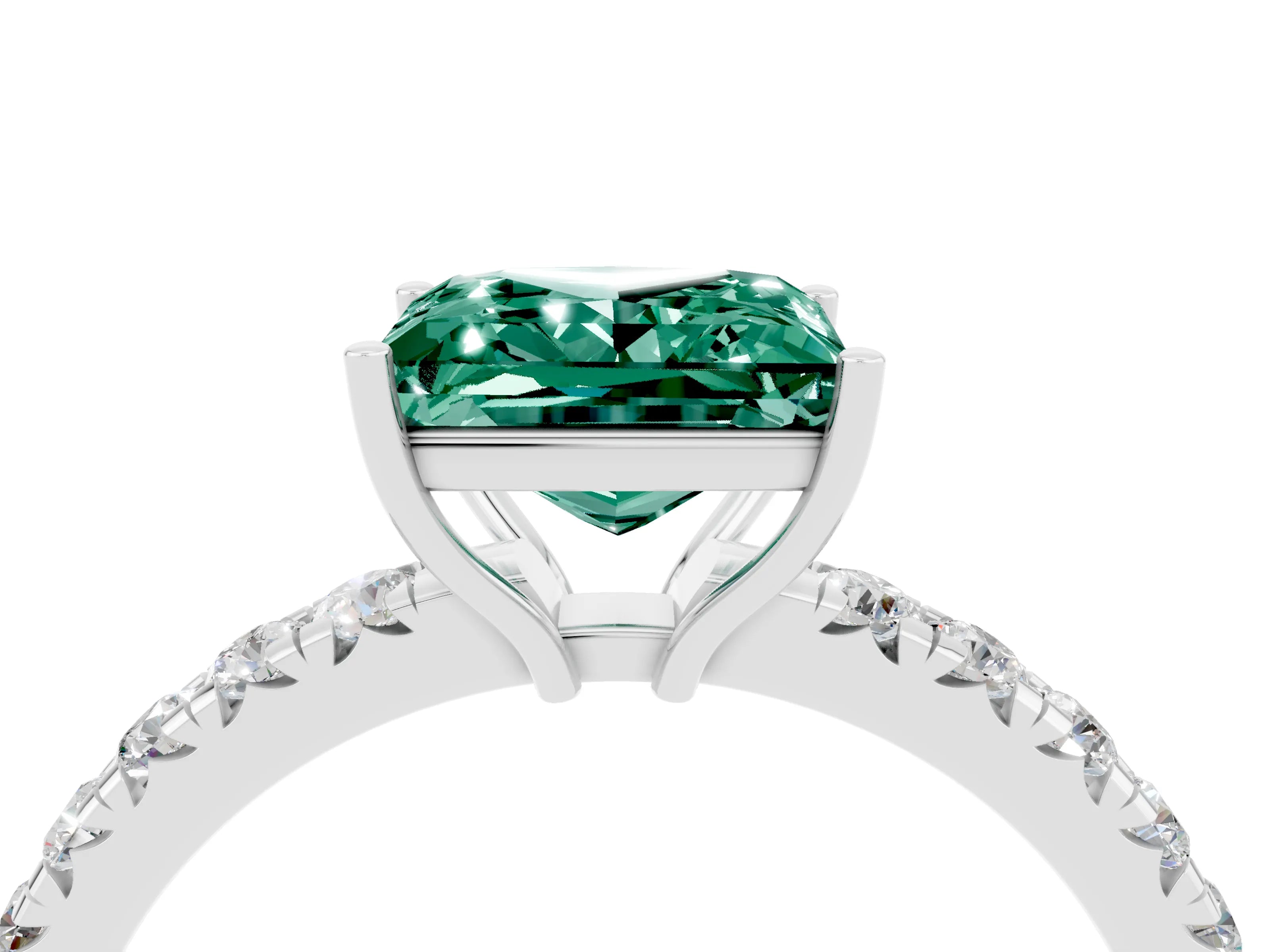 White gold Princess Cut Green Sapphire Pavé Solitaire Engagement Ring with Four-Prong Setting_16