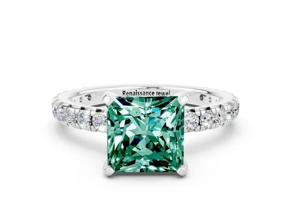 Silver Princess Cut Green Sapphire Pavé Solitaire Ring with Round Band and Prong Setting
