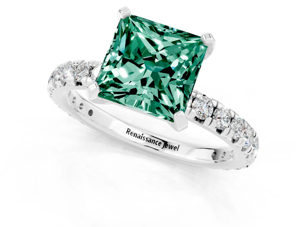Silver Princess Cut Green Sapphire Pavé Solitaire Ring with Round Band and Prong Setting