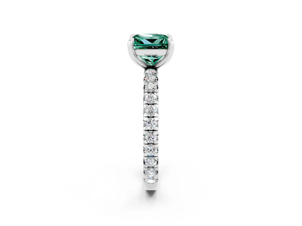 Silver Princess Cut Green Sapphire Pavé Solitaire Ring with Round Band and Prong Setting