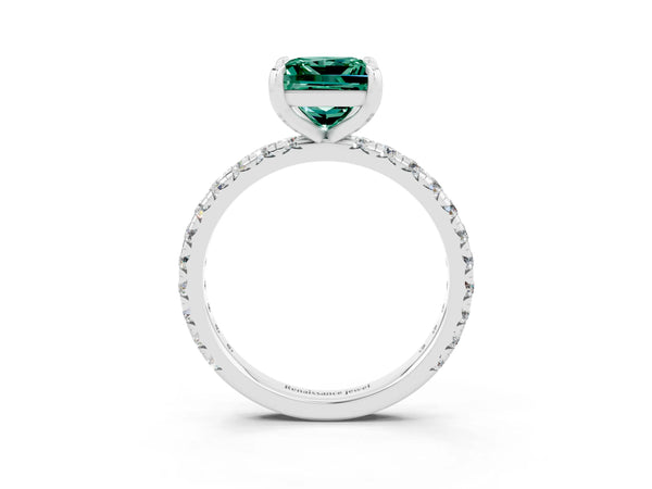 Platinum Princess Cut Green Sapphire Pavé Solitaire Ring with Round Band and Prong Setting