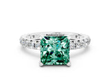 White gold Princess Cut Green Sapphire Pavé Solitaire Ring with Round Band and Prong Setting_36