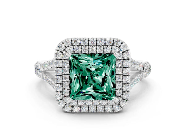 Platinum Princess Cut Green Sapphire Pavé Split Shank Double Halo Engagement Ring