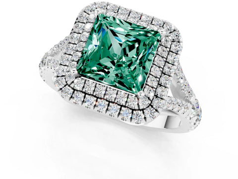 White gold Princess Cut Green Sapphire Pavé Split Shank Double Halo Engagement Ring_1