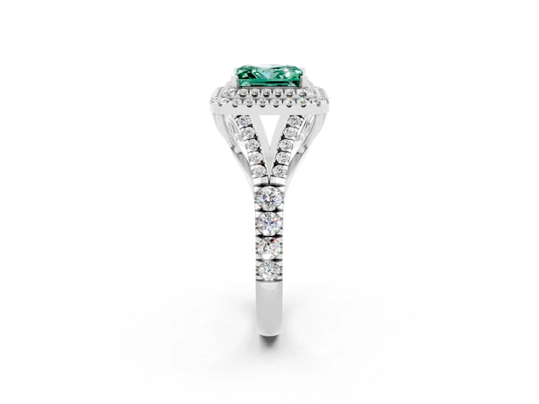 White gold Princess Cut Green Sapphire Pavé Split Shank Double Halo Engagement Ring