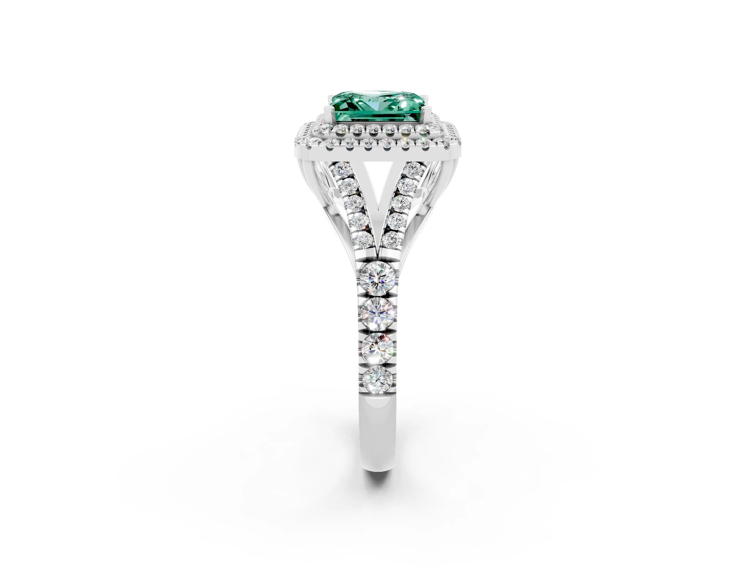 White gold Princess Cut Green Sapphire Pavé Split Shank Double Halo Engagement Ring_2