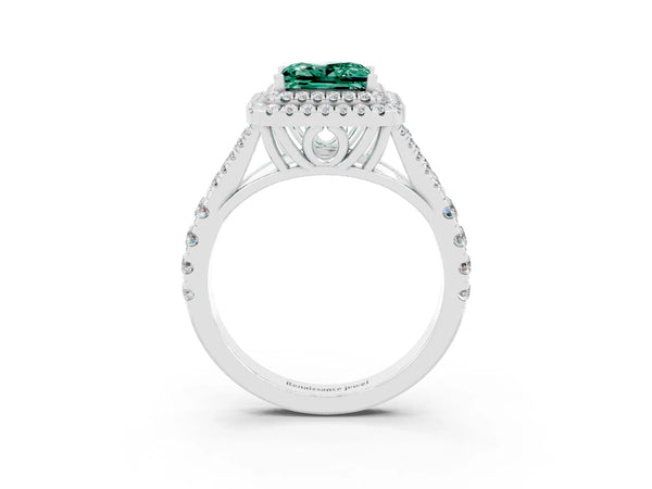 Silver Princess Cut Green Sapphire Pavé Split Shank Double Halo Engagement Ring