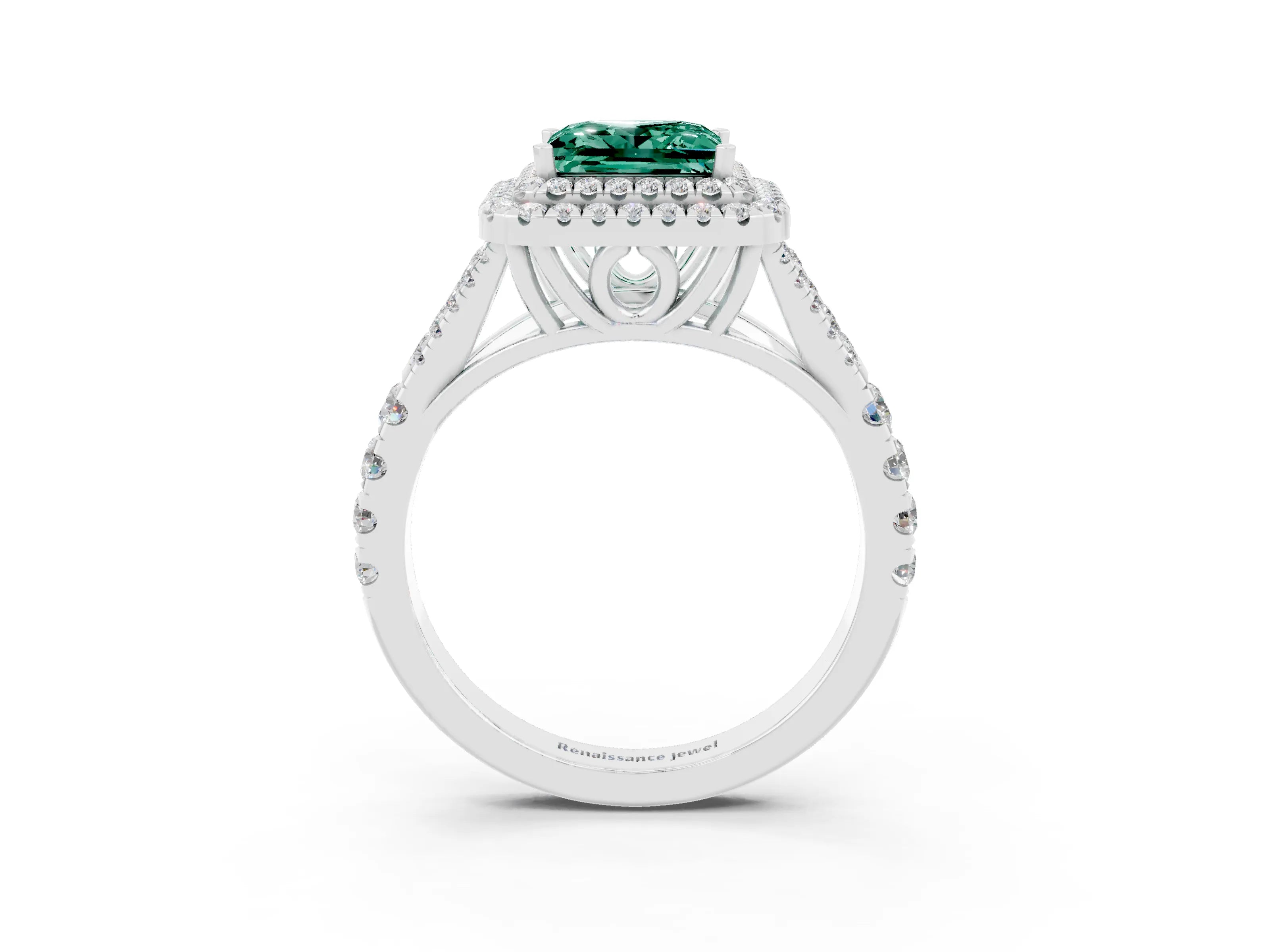 White gold Princess Cut Green Sapphire Pavé Split Shank Double Halo Engagement Ring_3