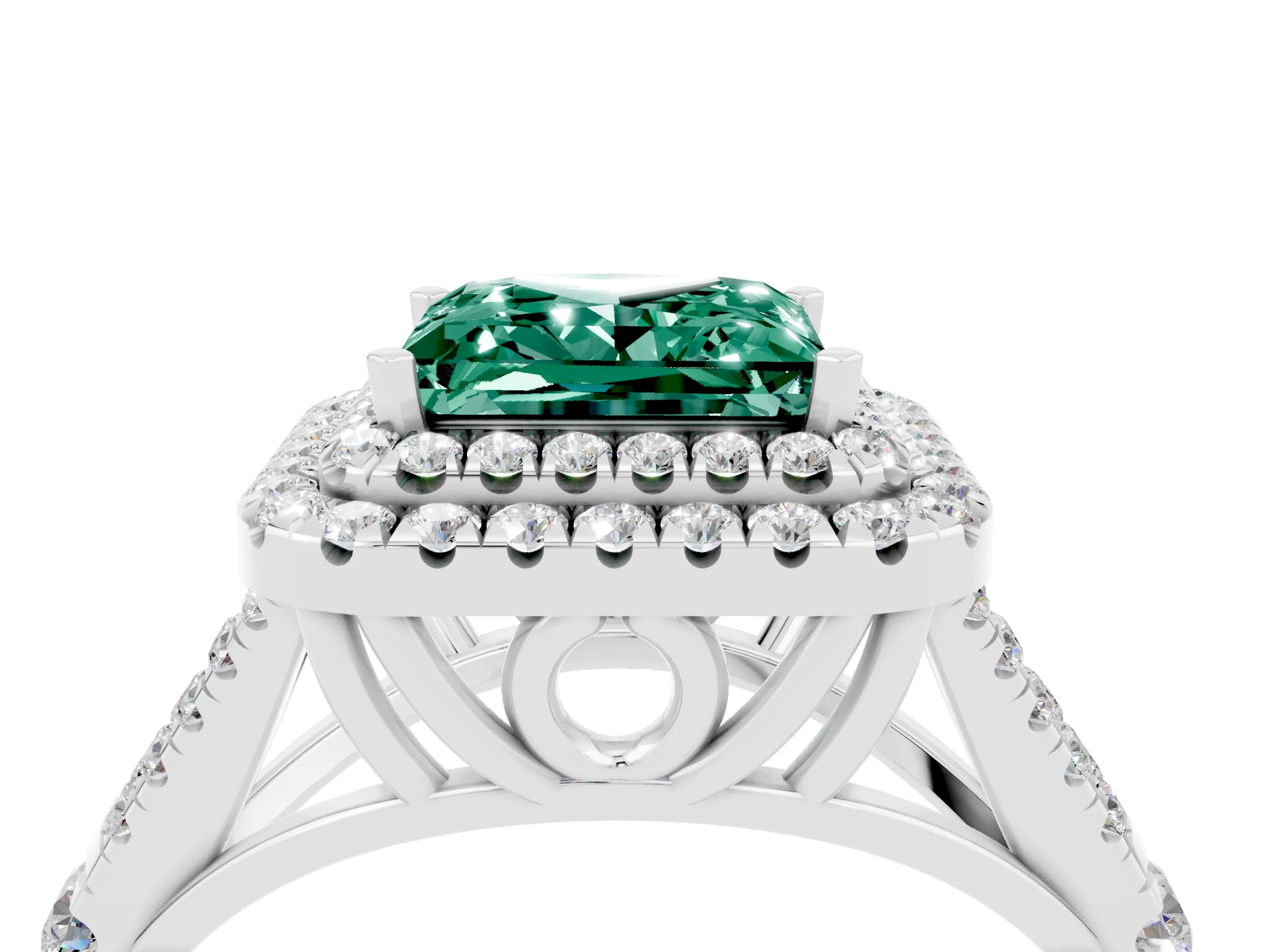 White gold Princess Cut Green Sapphire Pavé Split Shank Double Halo Engagement Ring_4