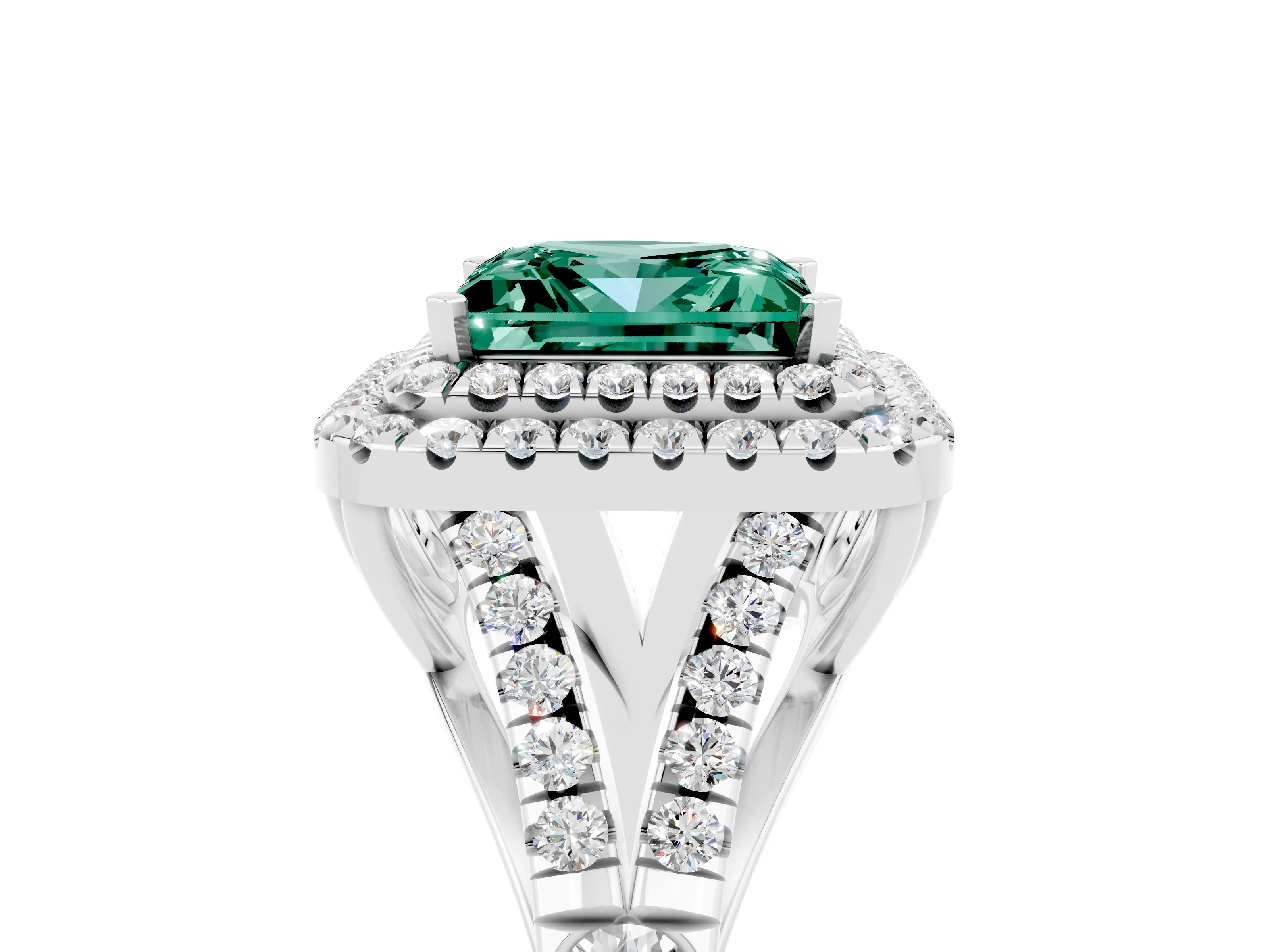 White gold Princess Cut Green Sapphire Pavé Split Shank Double Halo Engagement Ring_5