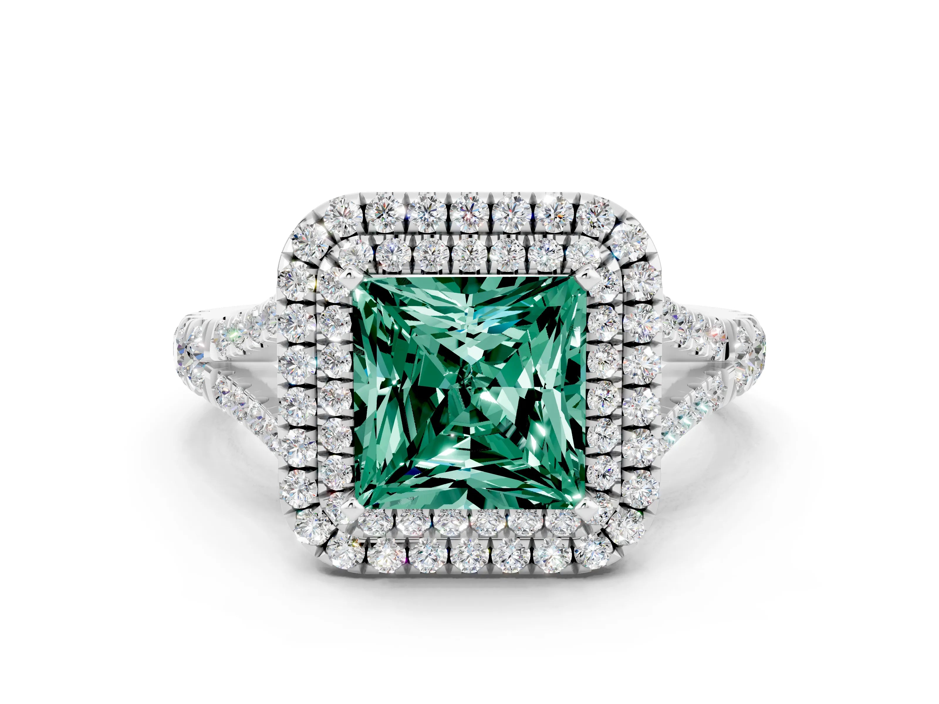 White gold Princess Cut Green Sapphire Pavé Split Shank Double Halo Engagement Ring