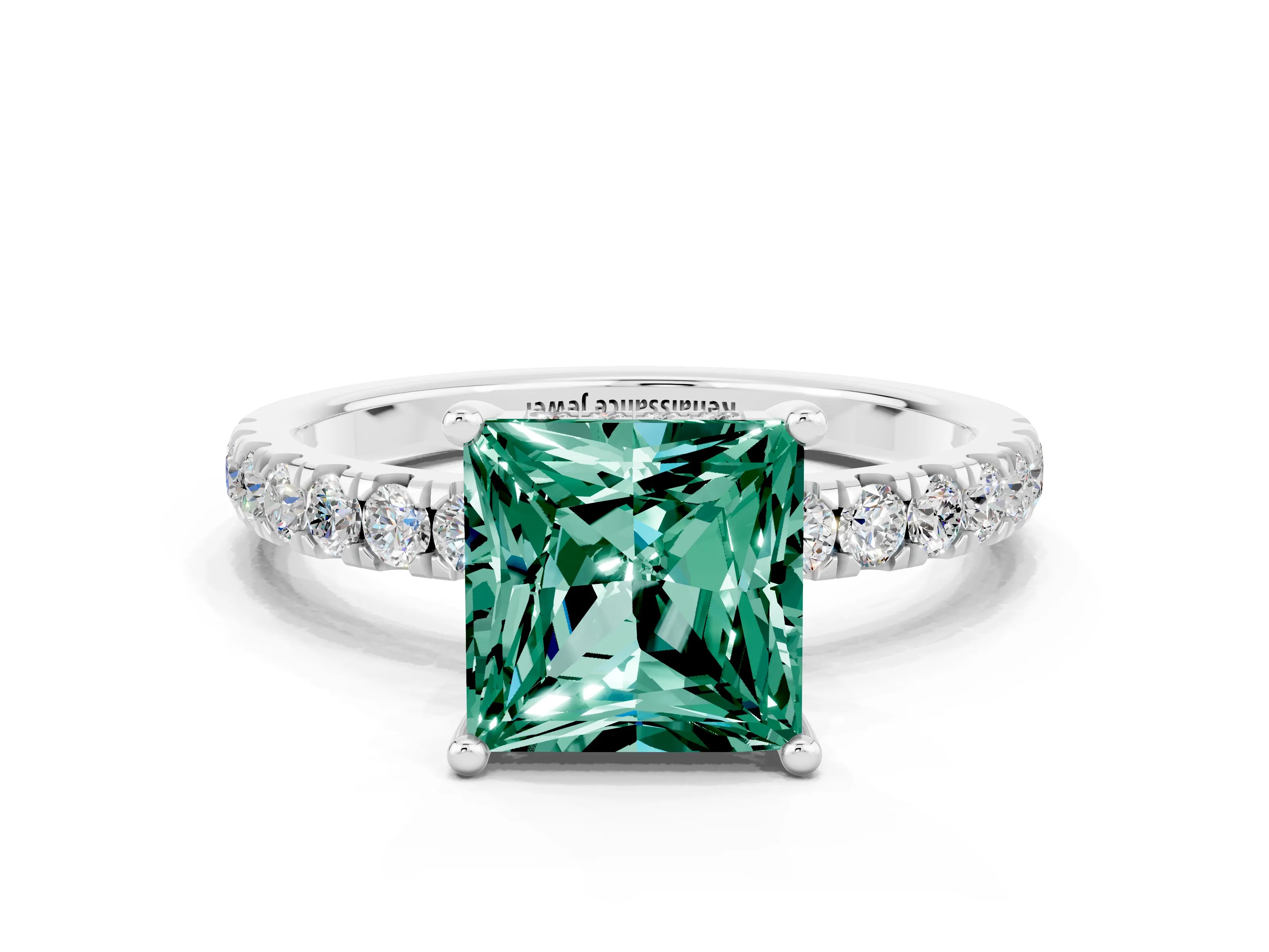 White gold Princess Cut Green Sapphire Pave Band Solitaire Ring with Four-Prong Setting_24